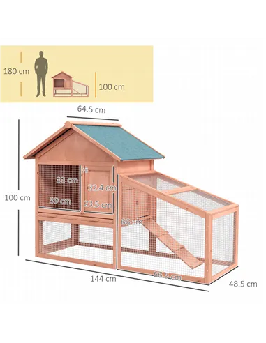 PawHut 2 Tier Rabbit Hutch Outdoor, Guinea Pig Hutch, Solid Wood Bunny House, Water Resistant Asphalt Roof Ramp Sliding tray 144