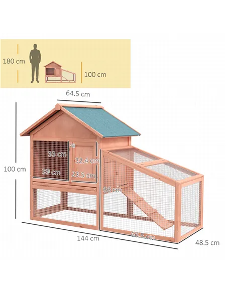 PawHut 2 Tier Rabbit Hutch Outdoor, Guinea Pig Hutch, Solid Wood Bunny House, Water Resistant Asphalt Roof Ramp Sliding tray 144