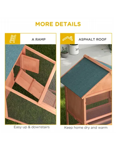 PawHut 2 Tier Rabbit Hutch Outdoor, Guinea Pig Hutch, Solid Wood Bunny House, Water Resistant Asphalt Roof Ramp Sliding tray 144