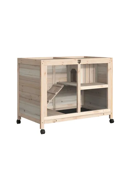 PawHut Rabbit Hutch Indoor Wooden Guinea Pig House Hamster Cage with Wheels, 2 Layers Bunny Cage with Openable Roof, 91.5 x 53.3