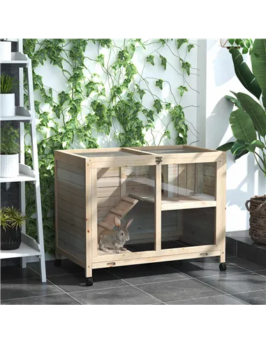 PawHut Rabbit Hutch Indoor Wooden Guinea Pig House Hamster Cage with Wheels, 2 Layers Bunny Cage with Openable Roof, 91.5 x 53.3