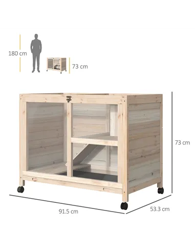 PawHut Rabbit Hutch Indoor Wooden Guinea Pig House Hamster Cage with Wheels, 2 Layers Bunny Cage with Openable Roof, 91.5 x 53.3
