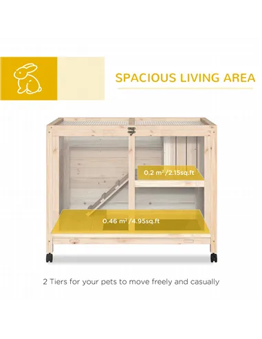 PawHut Rabbit Hutch Indoor Wooden Guinea Pig House Hamster Cage with Wheels, 2 Layers Bunny Cage with Openable Roof, 91.5 x 53.3