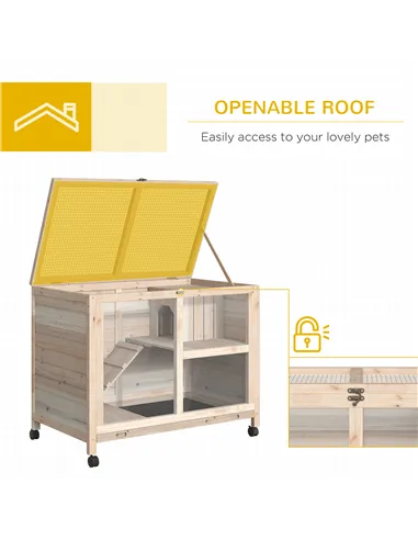 PawHut Rabbit Hutch Indoor Wooden Guinea Pig House Hamster Cage with Wheels, 2 Layers Bunny Cage with Openable Roof, 91.5 x 53.3