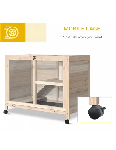 PawHut Rabbit Hutch Indoor Wooden Guinea Pig House Hamster Cage with Wheels, 2 Layers Bunny Cage with Openable Roof, 91.5 x 53.3