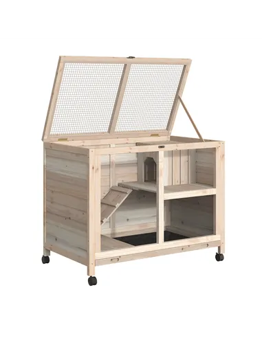 PawHut Rabbit Hutch Indoor Wooden Guinea Pig House Hamster Cage with Wheels, 2 Layers Bunny Cage with Openable Roof, 91.5 x 53.3