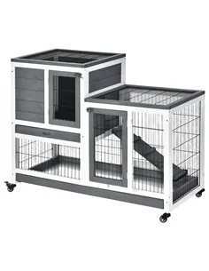 PawHut Wooden Indoor Rabbit Hutch Guinea Pig House Bunny Small Animal Cage W/ Wheels Enclosed Run 110 x 50 x 88 cm, Grey