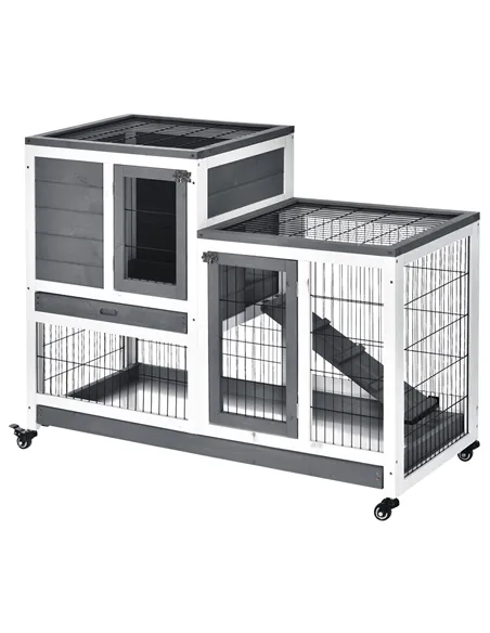 PawHut Wooden Indoor Rabbit Hutch Guinea Pig House Bunny Small Animal Cage W/ Wheels Enclosed Run 110 x 50 x 88 cm, Grey
