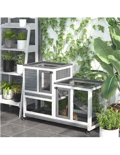 PawHut Wooden Indoor Rabbit Hutch Guinea Pig House Bunny Small Animal Cage W/ Wheels Enclosed Run 110 x 50 x 88 cm, Grey 2