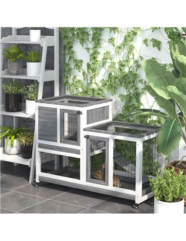 PawHut Wooden Indoor Rabbit Hutch Guinea Pig House Bunny Small Animal Cage W/ Wheels Enclosed Run 110 x 50 x 88 cm, Grey
