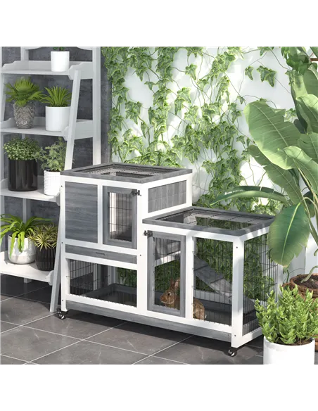 PawHut Wooden Indoor Rabbit Hutch Guinea Pig House Bunny Small Animal Cage W/ Wheels Enclosed Run 110 x 50 x 88 cm, Grey