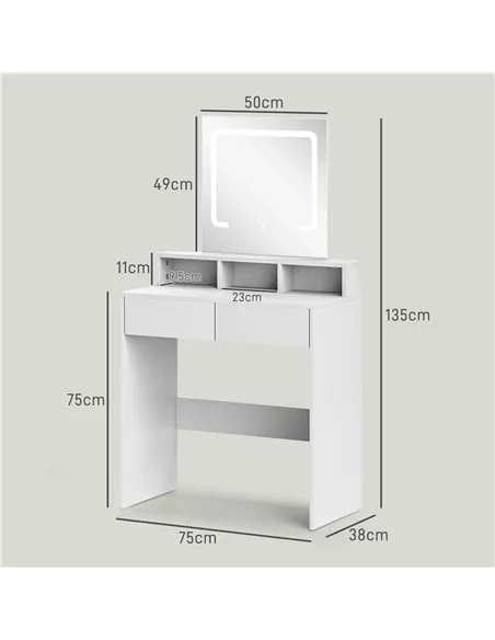 HOMCOM Storage Dressing Table, with LED Light Mirror - White
