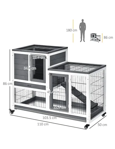 PawHut Wooden Indoor Rabbit Hutch Guinea Pig House Bunny Small Animal Cage W/ Wheels Enclosed Run 110 x 50 x 88 cm, Grey