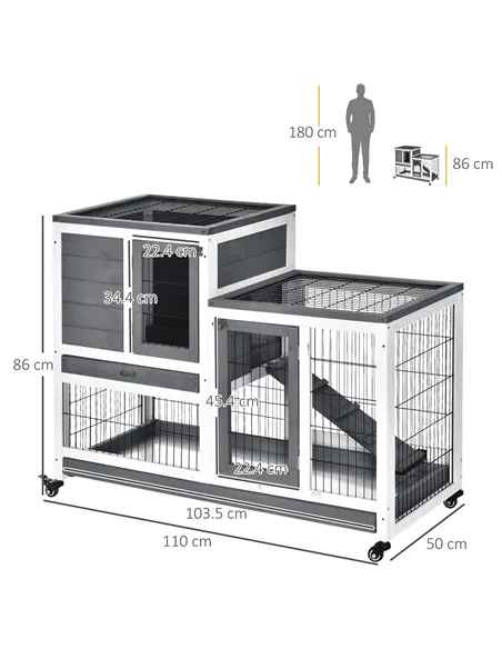 PawHut Wooden Indoor Rabbit Hutch Guinea Pig House Bunny Small Animal Cage W/ Wheels Enclosed Run 110 x 50 x 88 cm, Grey