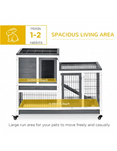 PawHut Wooden Indoor Rabbit Hutch Guinea Pig House Bunny Small Animal Cage W/ Wheels Enclosed Run 110 x 50 x 88 cm, Grey