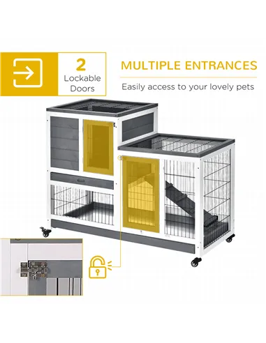 PawHut Wooden Indoor Rabbit Hutch Guinea Pig House Bunny Small Animal Cage W/ Wheels Enclosed Run 110 x 50 x 88 cm, Grey