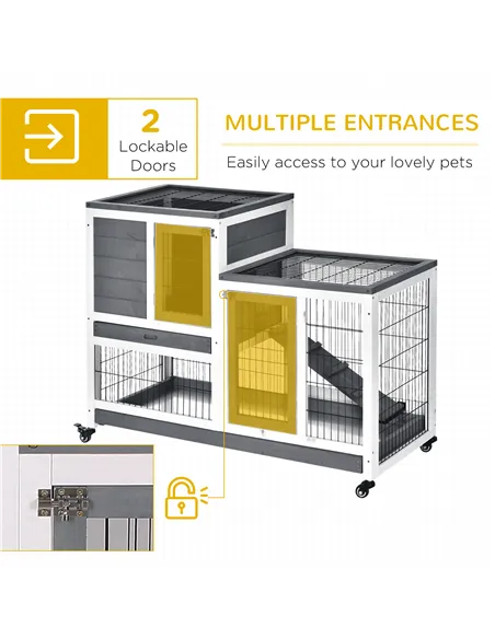 PawHut Wooden Indoor Rabbit Hutch Guinea Pig House Bunny Small Animal Cage W/ Wheels Enclosed Run 110 x 50 x 88 cm, Grey