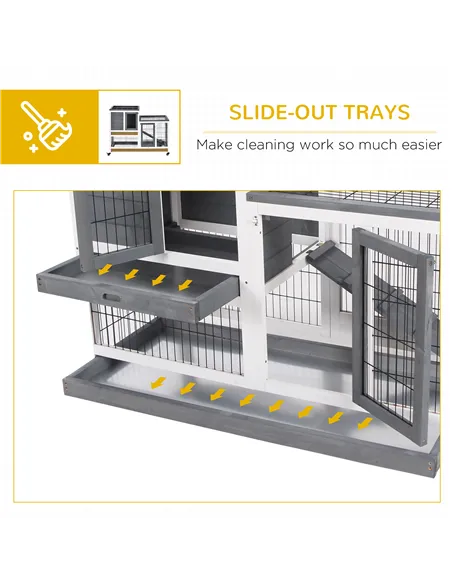 PawHut Wooden Indoor Rabbit Hutch Guinea Pig House Bunny Small Animal Cage W/ Wheels Enclosed Run 110 x 50 x 88 cm, Grey