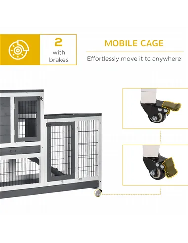 PawHut Wooden Indoor Rabbit Hutch Guinea Pig House Bunny Small Animal Cage W/ Wheels Enclosed Run 110 x 50 x 88 cm, Grey