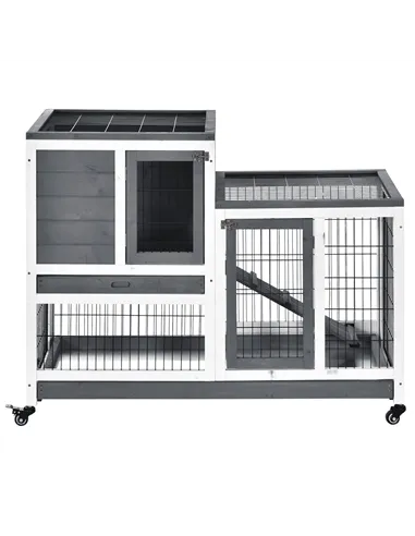PawHut Wooden Indoor Rabbit Hutch Guinea Pig House Bunny Small Animal Cage W/ Wheels Enclosed Run 110 x 50 x 88 cm, Grey