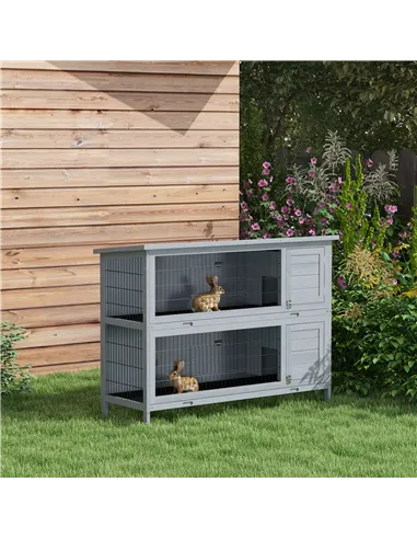 PawHut Rabbit Hutch Outdoor Guinea Pig Hutch Bunny Cage with No-Leak Trays, Divider, 136 x 50 x 93cm, Grey