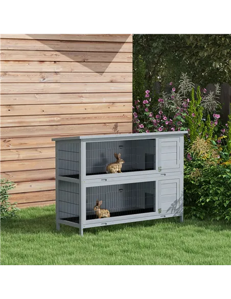 PawHut Rabbit Hutch Outdoor Guinea Pig Hutch Bunny Cage with No-Leak Trays, Divider, 136 x 50 x 93cm, Grey
