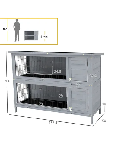 PawHut Rabbit Hutch Outdoor Guinea Pig Hutch Bunny Cage with No-Leak Trays, Divider, 136 x 50 x 93cm, Grey