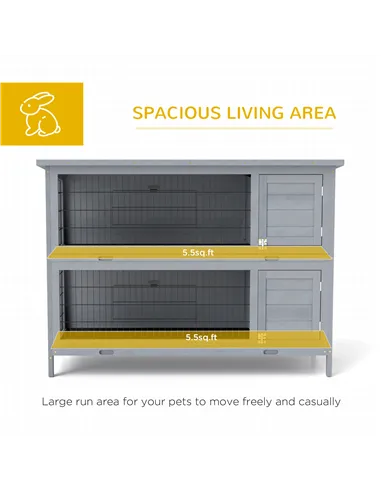 PawHut Rabbit Hutch Outdoor Guinea Pig Hutch Bunny Cage with No-Leak Trays, Divider, 136 x 50 x 93cm, Grey