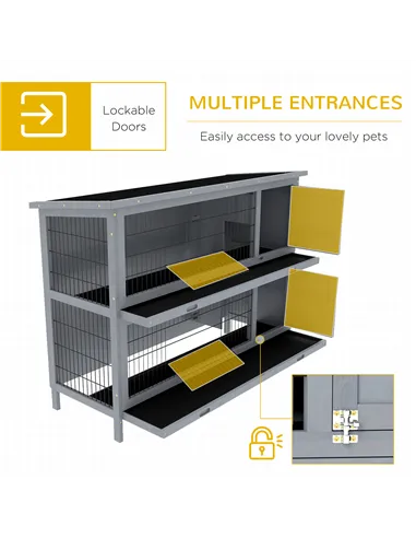 PawHut Rabbit Hutch Outdoor Guinea Pig Hutch Bunny Cage with No-Leak Trays, Divider, 136 x 50 x 93cm, Grey