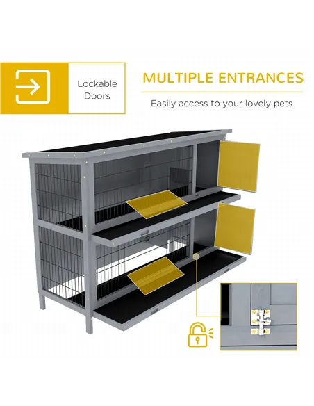 PawHut Rabbit Hutch Outdoor Guinea Pig Hutch Bunny Cage with No-Leak Trays, Divider, 136 x 50 x 93cm, Grey