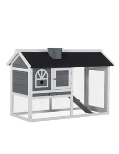 PawHut Wooden Rabbit Hutch and Run with Sliding Tray, Ramp, Water-resistant Roof, for 2-4 Rabbits, Grey
