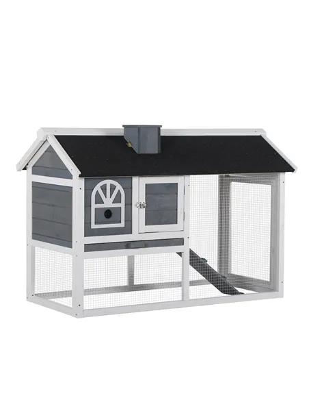 PawHut Wooden Rabbit Hutch and Run with Sliding Tray, Ramp, Water-resistant Roof, for 2-4 Rabbits, Grey