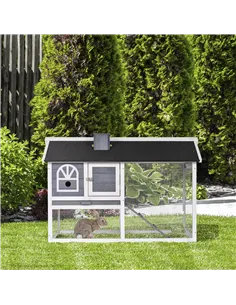 PawHut Wooden Rabbit Hutch and Run with Sliding Tray, Ramp, Water-resistant Roof, for 2-4 Rabbits, Grey 2