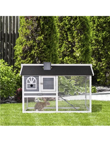 PawHut Wooden Rabbit Hutch and Run with Sliding Tray, Ramp, Water-resistant Roof, for 2-4 Rabbits, Grey