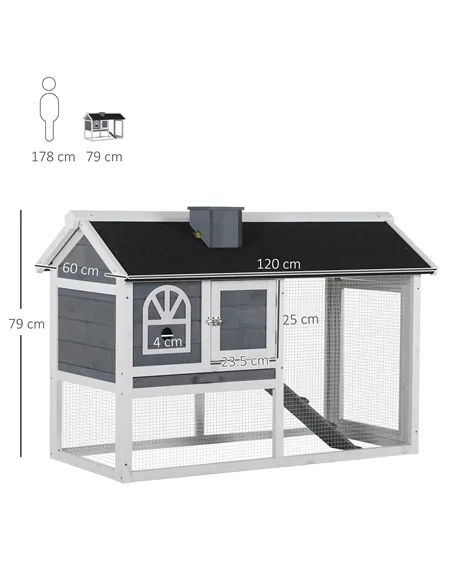 PawHut Wooden Rabbit Hutch and Run with Sliding Tray, Ramp, Water-resistant Roof, for 2-4 Rabbits, Grey