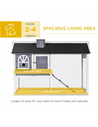 PawHut Wooden Rabbit Hutch and Run with Sliding Tray, Ramp, Water-resistant Roof, for 2-4 Rabbits, Grey