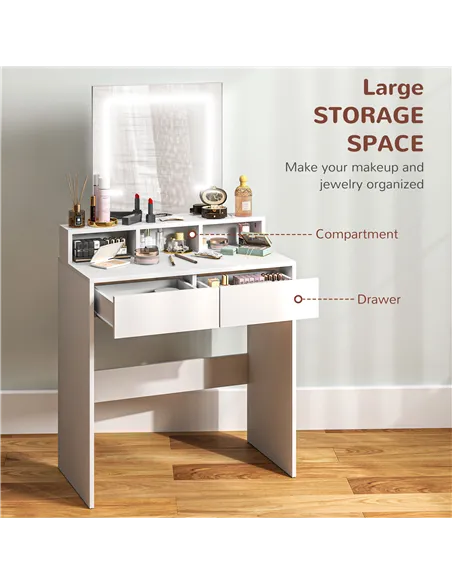 HOMCOM Storage Dressing Table, with LED Light Mirror - White
