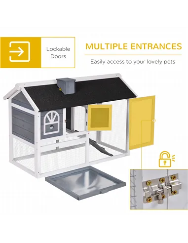 PawHut Wooden Rabbit Hutch and Run with Sliding Tray, Ramp, Water-resistant Roof, for 2-4 Rabbits, Grey