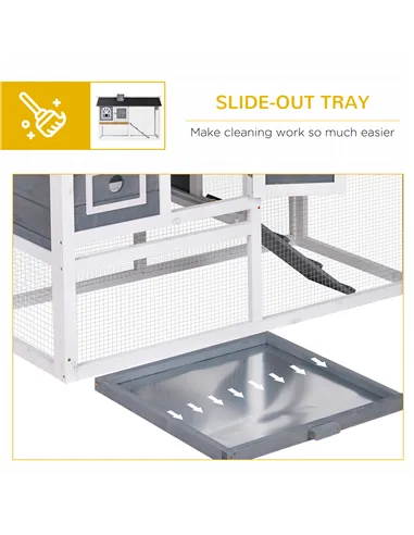 PawHut Wooden Rabbit Hutch and Run with Sliding Tray, Ramp, Water-resistant Roof, for 2-4 Rabbits, Grey