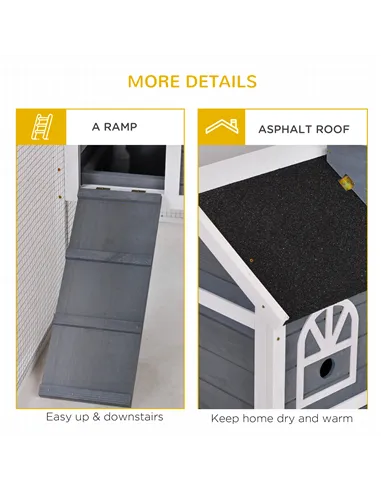 PawHut Wooden Rabbit Hutch and Run with Sliding Tray, Ramp, Water-resistant Roof, for 2-4 Rabbits, Grey