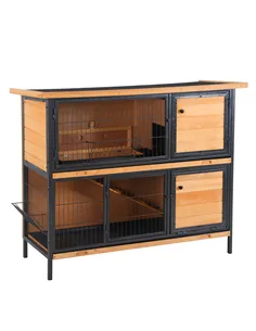 PawHut Rabbit Hutch Outdoor Guinea Pig Hutch Bunny Cage Metal Frame with  No-Leak Tray Openable Roof Light Yellow 122 x 50 x 101