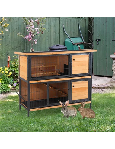 PawHut Rabbit Hutch Outdoor Guinea Pig Hutch Bunny Cage Metal Frame with  No-Leak Tray Openable Roof Light Yellow 122 x 50 x 101