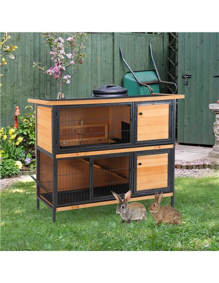 PawHut Rabbit Hutch Outdoor Guinea Pig Hutch Bunny Cage Metal Frame with  No-Leak Tray Openable Roof Light Yellow 122 x 50 x 101