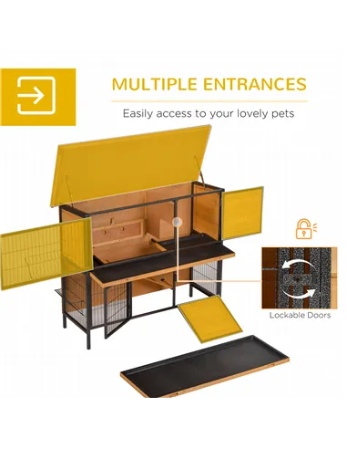 PawHut Rabbit Hutch Outdoor Guinea Pig Hutch Bunny Cage Metal Frame with  No-Leak Tray Openable Roof Light Yellow 122 x 50 x 101
