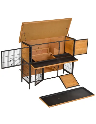 PawHut Rabbit Hutch Outdoor Guinea Pig Hutch Bunny Cage Metal Frame with  No-Leak Tray Openable Roof Light Yellow 122 x 50 x 101