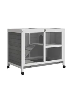 PawHut Wooden Rabbit Hutch Indoor with Wheels, Openable Roof, 91.5 x 53.3 x 73 cm, Grey