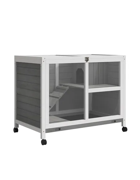 PawHut Wooden Rabbit Hutch Indoor with Wheels, Openable Roof, 91.5 x 53.3 x 73 cm, Grey