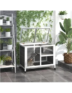PawHut Wooden Rabbit Hutch Indoor with Wheels, Openable Roof, 91.5 x 53.3 x 73 cm, Grey 2