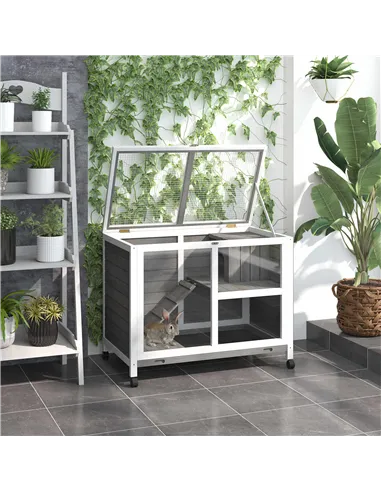 PawHut Wooden Rabbit Hutch Indoor with Wheels, Openable Roof, 91.5 x 53.3 x 73 cm, Grey