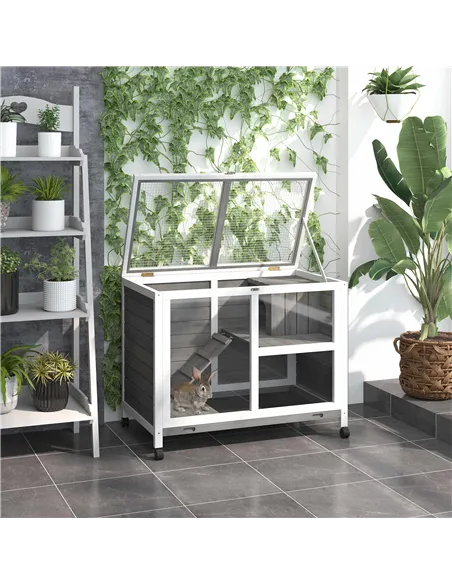 PawHut Wooden Rabbit Hutch Indoor with Wheels, Openable Roof, 91.5 x 53.3 x 73 cm, Grey
